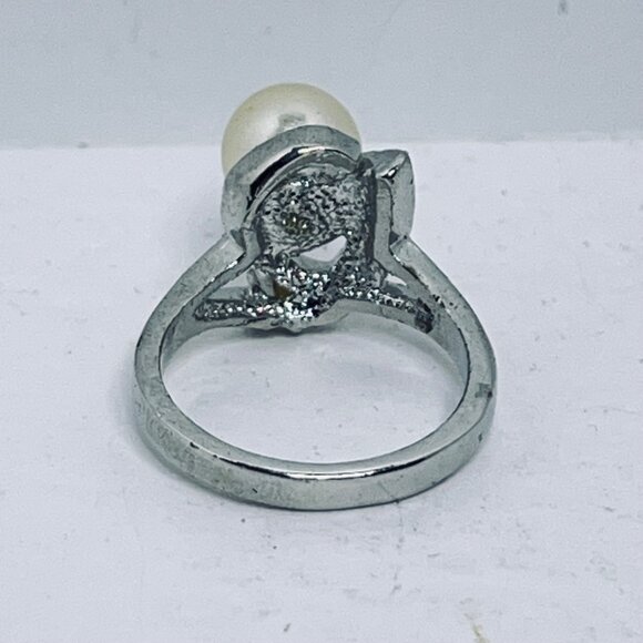 Silver Tone Rhinestone & Faux Pearl Statement Ring Size 6.25 (R429) - Picture 7 of 8